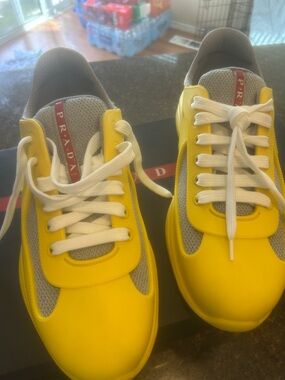 Prada Yellow & Gray Lace-Up Mesh Sneakers